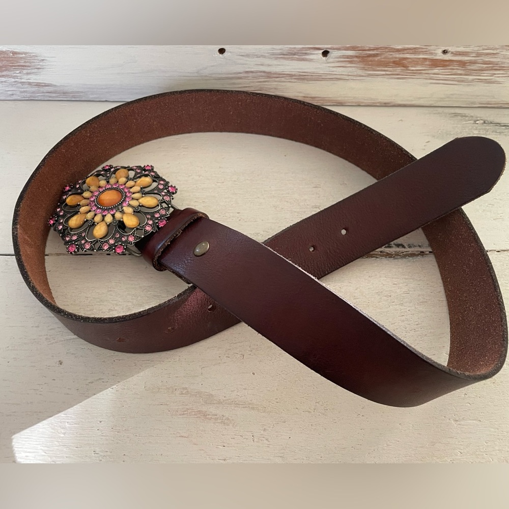 EUC Jeweled Buckle with Brown Leather Belt